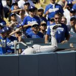 Colorado Rockies' David Dahl dives into the stands to catch a fly ball hit by Los Angeles Dodgers' Yasmani Grandal during the second inning of a tiebreaker baseball game, Monday, Oct. 1, 2018, in Los Angeles. (AP Photo/Jae C. Hong)