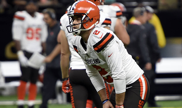Cleveland Browns kicker Zane Gonzalez reacts after missing an extra point during the second half of...