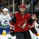 Arizona Coyotes defenseman Alex Goligoski (33) celebrates after scoring a goal in the second period during an NHL hockey game against the Vancouver Canucks, Thursday, Oct. 25, 2018, in Glendale, Ariz. (AP Photo/Rick Scuteri)