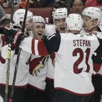 Arizona Coyotes' Dylan Strome (20) celebrates his goal with teammates during the first period of an NHL hockey game against the Anaheim Ducks on Wednesday, Oct. 10, 2018, in Anaheim, Calif. (AP Photo/Marcio Jose Sanchez)