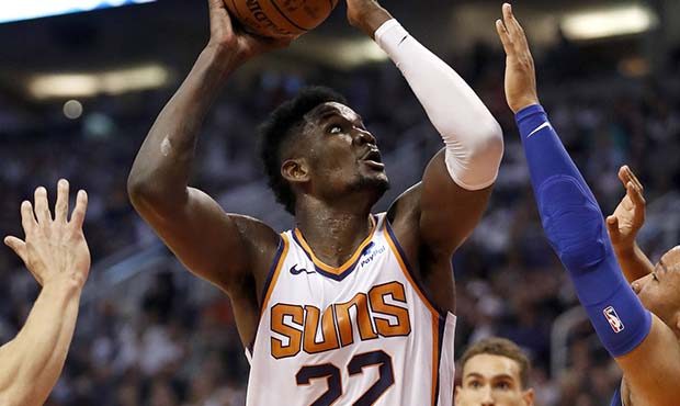 Phoenix Suns center Deandre Ayton (22) shoots against the Dallas Mavericks during the second half o...