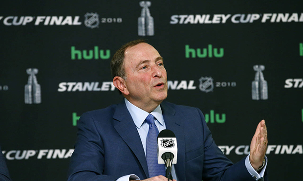 FILE - In this May 28, 2018 file photo NHL Commissioner Gary Bettman speaks during a news conferenc...