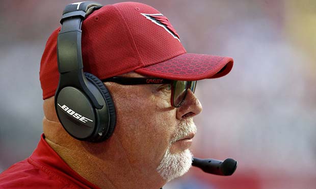 Arizona Cardinals head coach Bruce Arians watches during the first half of an NFL football game aga...