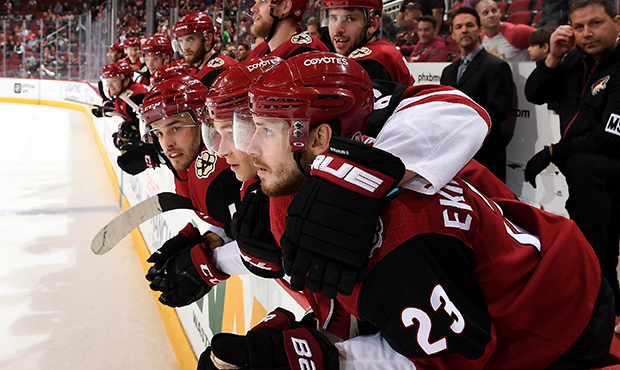 Oliver Ekman-Larsson (23) of the Arizona Coyotes looks on with teammates during a shootout against ...