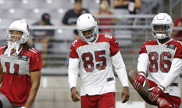 Arizona Cardinals tight end Andrew Vollert (89), wide receiver Larry Fitzgerald (11), tight end Gab...