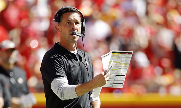 San Francisco 49ers head coach Kyle Shanahan looks at the scoreboard during the second half of an N...