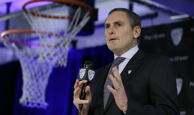 Pac-12 Commissioner Larry Scott speaks during the Pac-12 NCAA college basketball media day Thursday...