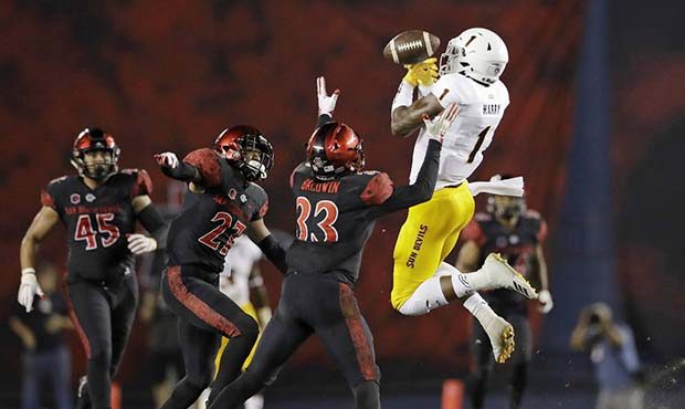 Arizona State wide receiver N'Keal Harry can't hold on to a pass as San Diego State safety Parker B...