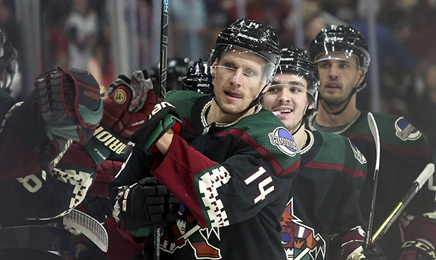 Arizona Coyotes' Richard Panik (14) is congratulated by teammates after scoring a third period goal...