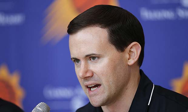 Phoenix Suns general manager Ryan McDonough answers a question as the team introduces its new playe...