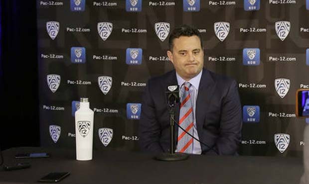 Arizona head coach Sean Miller answers questions during the Pac-12 NCAA college basketball media da...
