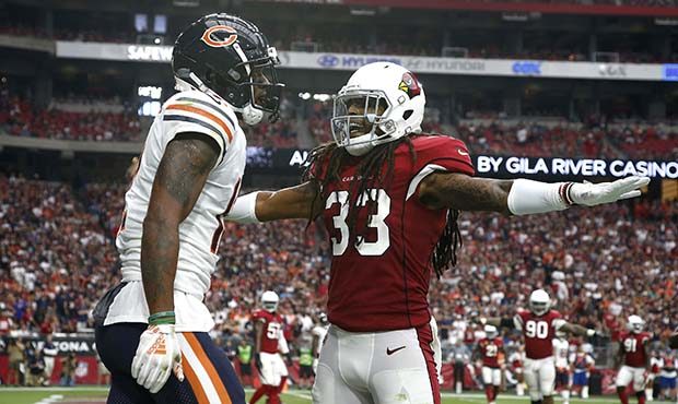 Arizona Cardinals safety Tre Boston (33) signals incomplete as he talks to Chicago Bears receiver A...