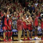 The Arizona bench reacts after taking the lead against Iowa State during the second half of an NCAA college basketball game at the Maui Invitational, Monday, Nov. 19, 2018, in Lahaina, Hawaii.  (AP Photo/Marco Garcia)