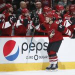 Arizona Coyotes center Nick Cousins (25) celebrates with teammates after scoring a goal against the Carolina Hurricanes during the first period of an NHL hockey game Friday, Nov. 2, 2018, in Glendale, Ariz. (AP Photo/Rick Scuteri)