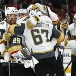 Vegas Golden Knights left wing Max Pacioretty (67) celebrates his game-winning goal against the Arizona Coyotes with left wing Tomas Nosek (92), defenseman Brayden McNabb (3), goaltender Marc-Andre Fleury (29) and defenseman Nate Schmidt (88) in overtime of an NHL hockey game Wednesday, Nov. 21, 2018, in Glendale, Ariz. The Golden Knights won 3-2. (AP Photo/Ross D. Franklin)