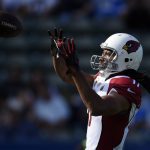 Arizona Cardinals wide receiver Larry Fitzgerald warms up before an NFL football game against the Los Angeles Chargers, Sunday, Nov. 25, 2018, in Carson, Calif. (AP Photo/Kelvin Kuo)