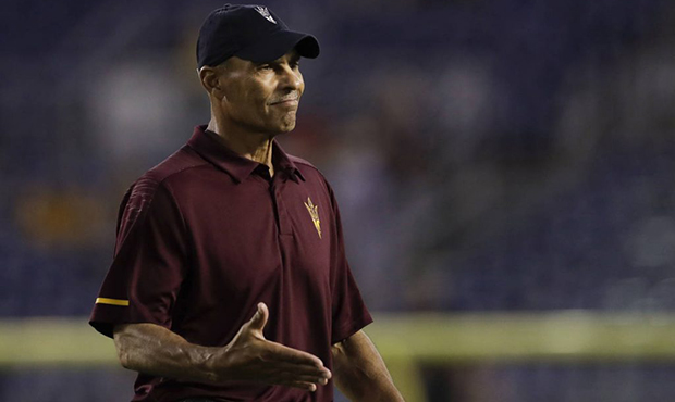 FILE - In this Sept. 15, 2018, file photo, Arizona State head coach Herm Edwards looks on before an...