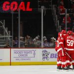 Detroit Red Wings' Dennis Cholowski (21) celebrates his goal against the Arizona Coyotes in the first period of an NHL hockey game Tuesday, Nov. 13, 2018, in Detroit. (AP Photo/Paul Sancya)