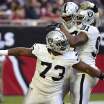 Oakland Raiders defensive tackle Maurice Hurst (73) celebrates his sack against the Arizona Cardinals with defensive end Shilique Calhoun (91) during the first half of an NFL football game, Sunday, Nov. 18, 2018, in Glendale, Ariz. (AP Photo/Ross D. Franklin)