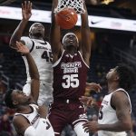 Mississippi State's Aric Holman (35) dunks against Arizona State during the second half of an NCAA college basketball game, Monday, Nov. 19, 2018, in Las Vegas. Arizona State won 72-67. (AP Photo/John Locher)