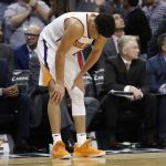 Phoenix Suns guard Devin Booker looks at the floor as time expires during the second half of the team's NBA basketball game against the Boston Celtics, Thursday, Nov. 8, 2018, in Phoenix. The Celtics won 116-109 in overtime. (AP Photo/Matt York)