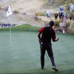 Tiger Woods celebrates after making a chip into the 17th hole during a golf match against Phil Mickelson at Shadow Creek golf course, Friday, Nov. 23, 2018, in Las Vegas. (AP Photo/John Locher)