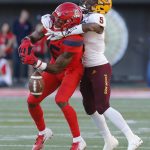 Arizona State defensive back Kobe Williams (5) breaks up a pass intended for Arizona wide receiver Will Gunnell in the second half during an NCAA college football game, Saturday, Nov. 24, 2018, in Tucson, Ariz. (AP Photo/Rick Scuteri)
