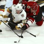 Arizona Coyotes right wing Richard Panik (14) battles with Vegas Golden Knights defenseman Nate Schmidt (88) for the puck during the first period of an NHL hockey game Wednesday, Nov. 21, 2018, in Glendale, Ariz. (AP Photo/Ross D. Franklin)