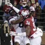 Washington State safety Jalen Thompson (34) disrupts a pass intended for Arizona wide receiver Shun Brown during the first half of an NCAA college football game in Pullman, Wash., Saturday, Nov. 17, 2018. (AP Photo/Young Kwak)