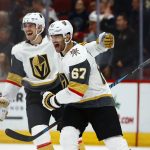 
              Vegas Golden Knights left wing Max Pacioretty (67) celebrates his goal against the Arizona Coyotes with Shea Theodore, left, during overtime of an NHL hockey game Wednesday, Nov. 21, 2018, in Glendale, Ariz. The Golden Knights won 3-2. (AP Photo/Ross D. Franklin)
            