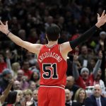 Chicago Bulls guard Ryan Arcidiacono reacts after he made a three-point basket against the Phoenix Suns during the second half of an NBA basketball game Wednesday, Nov. 21, 2018, in Chicago. The Bulls won 124-116. (AP Photo/Nam Y. Huh)