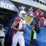 Arizona Cardinals wide receiver Larry Fitzgerald (11) runs out onto the field before an NFL football game against the Los Angeles Chargers, Sunday, Nov. 25, 2018, in Carson, Calif. (AP Photo/Jae C. Hong )