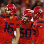 Arizona placekicker Josh Pollack (30) watches with Jake Glatting (16) and Rexx Tessler (55) a missed field goal that would of won an NCAA college football game against Arizona State, Saturday, Nov. 24, 2018, in Tucson, Ariz. Arizona State defeated Arizona to claim the Territorial Cup. (AP Photo/Rick Scuteri)