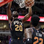 Phoenix Suns forward Josh Jackson (20) dunks against the Chicago Bulls during the first half of an NBA basketball game Wednesday, Nov. 21, 2018, in Chicago. (AP Photo/Nam Y. Huh)
