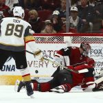 Arizona Coyotes goaltender Darcy Kuemper (35) gives up a goal to Vegas Golden Max Pacioretty as Coyotes defenseman Jakob Chychrun (6), Coyotes defenseman Oliver Ekman-Larsson (23) and Golden Knights right wing Alex Tuch (89) look on during the second period of an NHL hockey game Wednesday, Nov. 21, 2018, in Glendale, Ariz. (AP Photo/Ross D. Franklin)