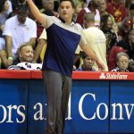 Arizona head coach Sean Miller signals to his team during the first half of an NCAA college basketball game against Iowa State at the Maui Invitational, Monday, Nov. 19, 2018, in Lahaina, Hawaii. (AP Photo/Marco Garcia)