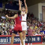 Iowa State forward Michael Jacobson (12) shoots over Arizona center Chase Jeter (4) during the first half of an NCAA college basketball game at the Maui Invitational, Monday, Nov. 19, 2018, in Lahaina, Hawaii. (AP Photo/Marco Garcia)