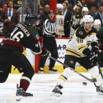 Arizona Coyotes defenseman Ilya Lyubushkin (46) passes the puck past Boston Bruins right wing David Pastrnak (88) as Coyotes right wing Michael Grabner, right, watches during the third period of an NHL hockey game Saturday, Nov. 17, 2018, in Glendale, Ariz. The Bruins won 2-1. (AP Photo/Ross D. Franklin)