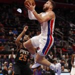 Detroit Pistons forward Blake Griffin makes a layup during the first half of an NBA basketball game against the Phoenix Suns, Sunday, Nov. 25, 2018, in Detroit. (AP Photo/Carlos Osorio)