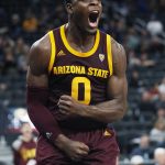 Arizona State 's Luguentz Dort celebrates after scoring against Utah State during the second half of an NCAA college basketball game Wednesday, Nov. 21, 2018, in Las Vegas. (AP Photo/John Locher)