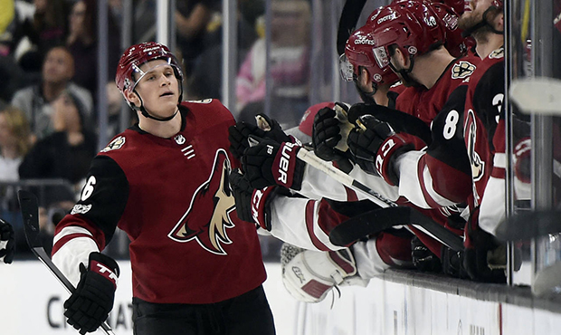 Arizona Coyotes defenseman Jakob Chychrun (6) celebrates with his team after scoring a goal against...