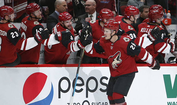 Arizona Coyotes center Nick Cousins (25) celebrates with teammates after scoring a goal against the...