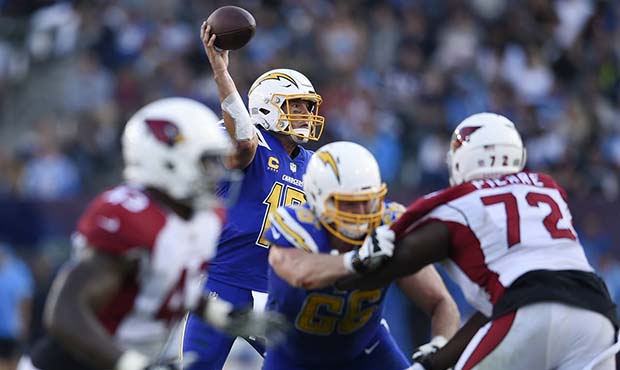 Los Angeles Chargers quarterback Philip Rivers throws against the Arizona Cardinals during the seco...