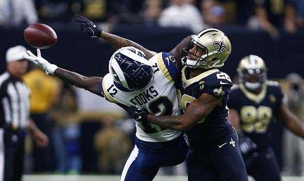 New Orleans Saints cornerback P.J. Williams (26) breaks up a fourth down pass intended for Los Ange...