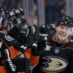 Anaheim Ducks right wing Daniel Sprong celebrates after scoring during the first period of an NHL hockey game against the Arizona Coyotes in Anaheim, Calif., Saturday, Dec. 29, 2018. (AP Photo/Chris Carlson)