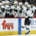 San Jose Sharks left wing Evander Kane (9) celebrates his goal against the Arizona Coyotes during the second period of an NHL hockey game, Saturday, Dec. 8, 2018, in Phoenix. (AP Photo/Ross D. Franklin)