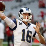 Los Angeles Rams quarterback Jared Goff (16) warms up prior to an NFL football game against the Arizona Cardinals, Sunday, Dec. 23, 2018, in Glendale, Ariz. (AP Photo/Rick Scuteri)