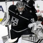 Los Angeles Kings goaltender Jonathan Quick stops a shot against the Arizona Coyotes during the first period of an NHL hockey game Tuesday, Dec. 4, 2018, in Los Angeles. (AP Photo/Marcio Jose Sanchez)