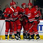 Carolina Hurricanes' Andrei Svechnikov (37) heads to the bench after celebrating his goal with teammate Justin Williams (14) and others during the second period of an NHL hockey game against the Arizona Coyotes, Sunday, Dec. 16, 2018, in Raleigh, N.C. (AP Photo/Karl B DeBlaker)