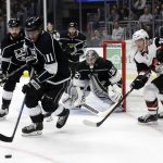 Los Angeles Kings' Anze Kopitar (11) controls the puck against the Arizona Coyotes during the first period of an NHL hockey game Tuesday, Dec. 4, 2018, in Los Angeles. (AP Photo/Marcio Jose Sanchez)
